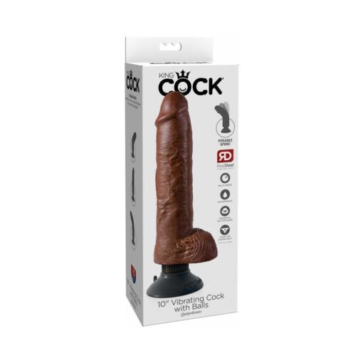 Pipedream King Cock 10 in. Vibrating Cock With Balls Poseable Suction Cup Dildo Brown