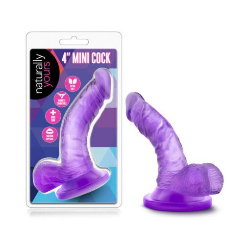 Naturally Yours 4 in. Mini Cock Realistic Dildo with Balls Purple