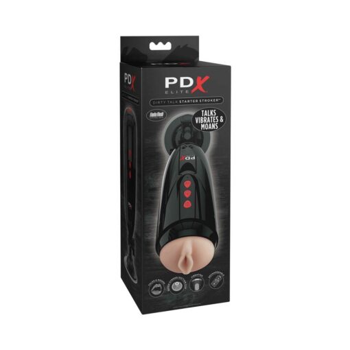 PDX Elite Dirty Talk Rechargeable Vibrating Starter Stroker With Hands-Free Suction Cup Beige-Black