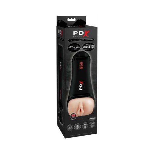 PDX Elite Talk-Back Rechargeable Vibrating Super Stroker With Hands-Free Suction Cup Beige-Black