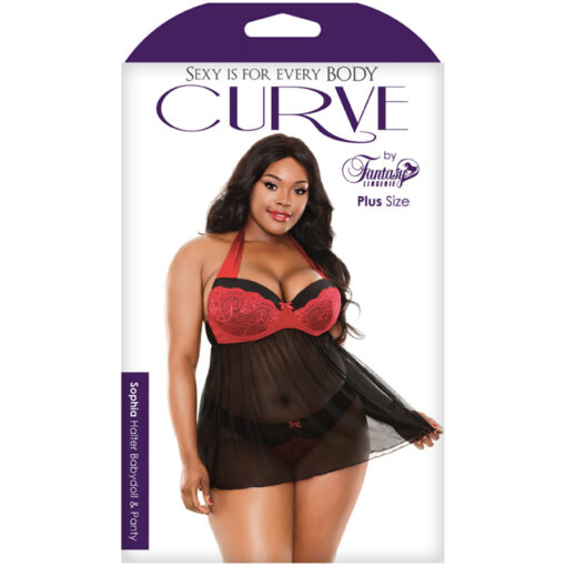 Fantasy Lingerie Curve Sophia Halter Babydoll & Panty Red-Black 3XL-4XL