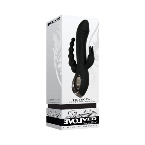 Evolved Trifecta Rechargeable Dual Entry Triple Stimulation Silicone Rabbit Vibrator Black