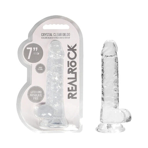 RealRock Crystal Clear Realistic 7 in. Dildo With Balls and Suction Cup Clear