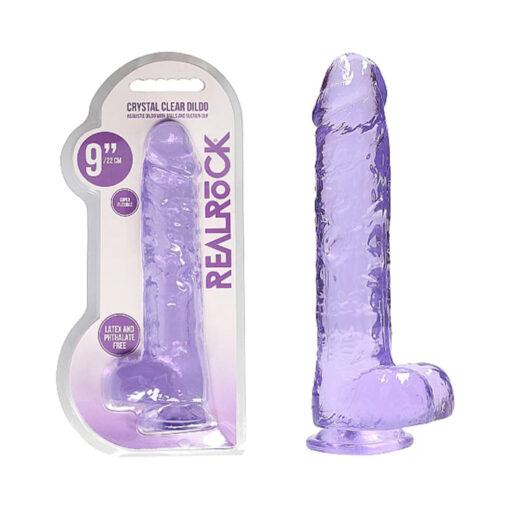 RealRock Crystal Clear Realistic 9 in. Dildo With Balls and Suction Cup Purple