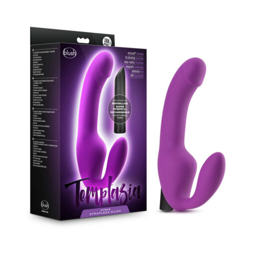 Temptasia Cyrus 8.5 in. Silicone Strapless Strap-On Dildo with Bullet Vibrator Purple