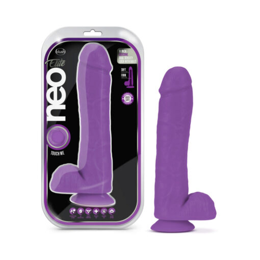 Neo Elite 11 in. Silicone Dual Density Dildo with Balls Neon Purple