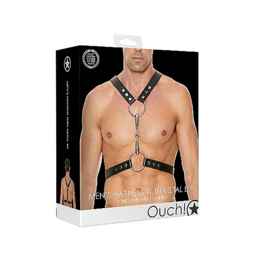 Ouch! Men's Bonded Leather Harness With Metal Bit Black O-S