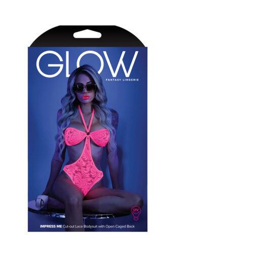 Fantasy Lingerie Glow Impress Me Lace Bodysuit With Open-Cage Back Neon Pink S-M