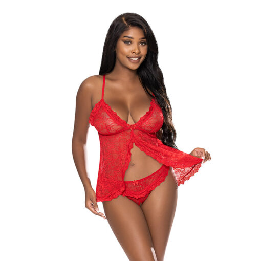 Magic Silk Ooh La Lace Babydoll & Split-Crotch Panty Set Red S-M