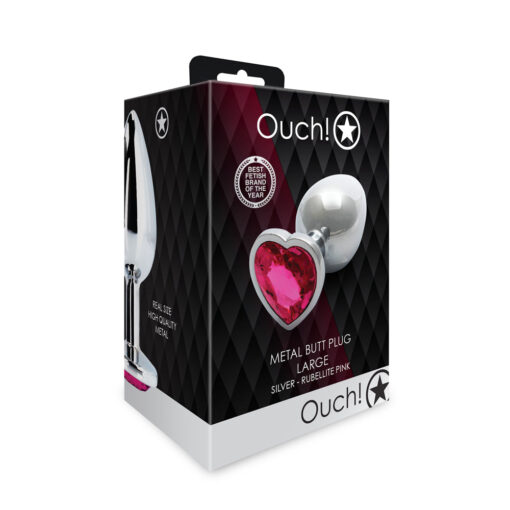 Ouch! Heart Gem Butt Plug Large Silver-Rubellite Pink