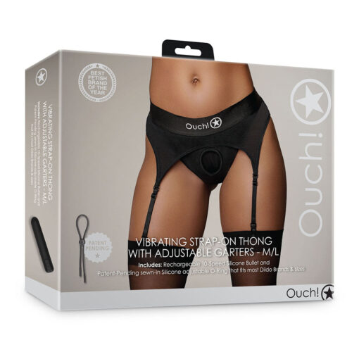 Ouch! Vibrating Strap-on Thong with Adjustable Garters Black M-L