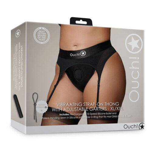 Ouch! Vibrating Strap-on Thong with Adjustable Garters Black XL-2XL