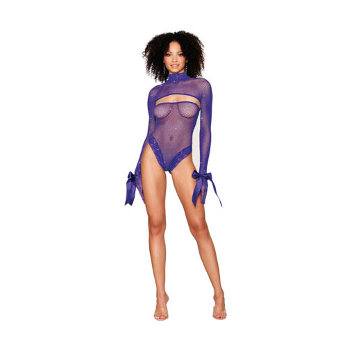 Dreamgirl Metallic Fishnet Seamless Teddy and Matching Shrug Restraint Violet O-S