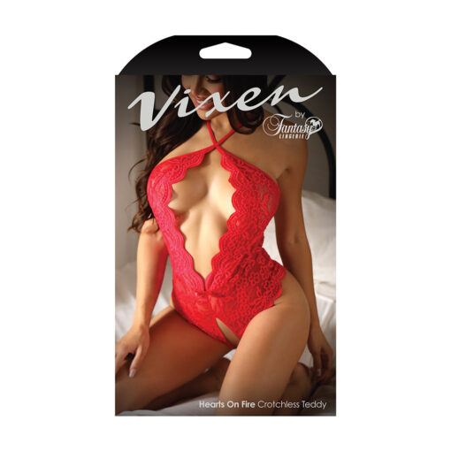 Fantasy Lingerie Vixen Hearts On Fire Crotchless Lace Teddy with Open Pearl Draped Back Red L-XL