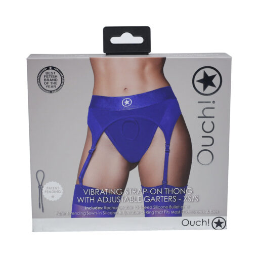 Ouch! Vibrating Strap-on Thong with Adjustable Garters Royal Blue XS-S