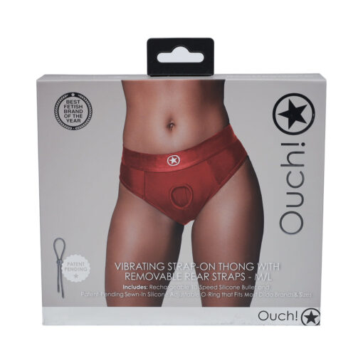 Ouch! Vibrating Strap-on Thong with Removable Butt Straps Red M-L