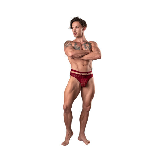 Male Power Lucifer Cut Out Strappy Thong Burgundy L-XL