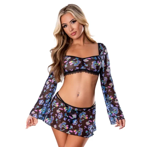 Magic Silk Hazy Dayz Crop Top, Skirt & G-String Set Mushroom S/M