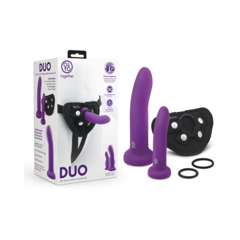Together Duo Silicone 2-Piece 5.5 in. & 7.75 in. Dildo and Harness Set Purple
